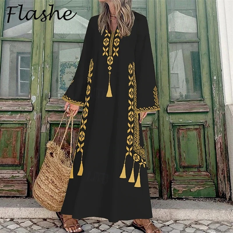 

Summer Maxi Dresses For Women Casual V Neck Loose Long Dress Women Vintage Printed Long Sleeve Party Dress