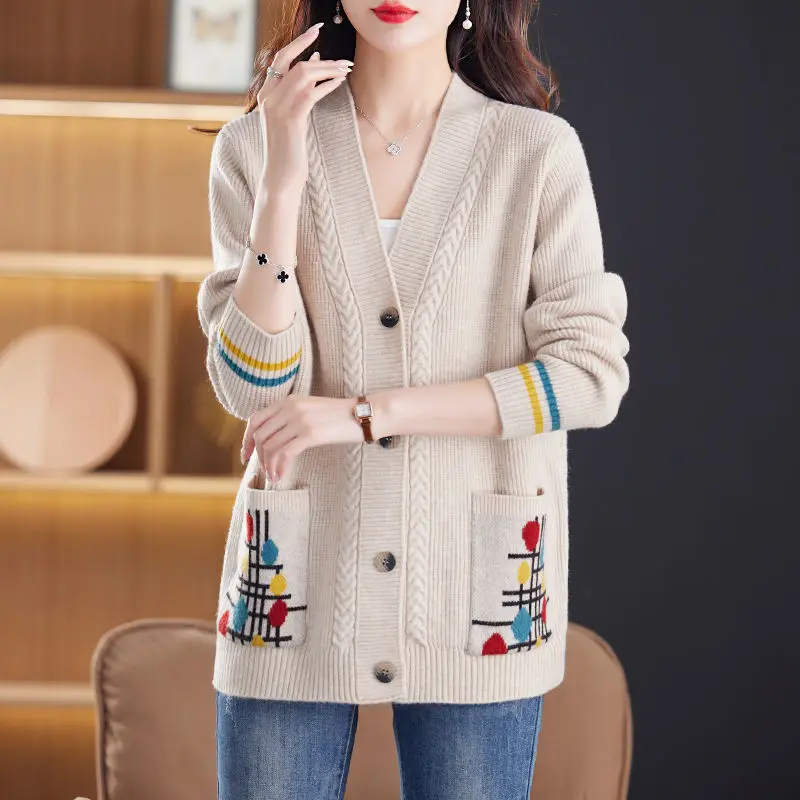 Fashion Women Vintage Cardigan Sweater Korean Clothing Autumn Winter V-neck Pockets Versatile Casual Long Sleeve Knitted Coats