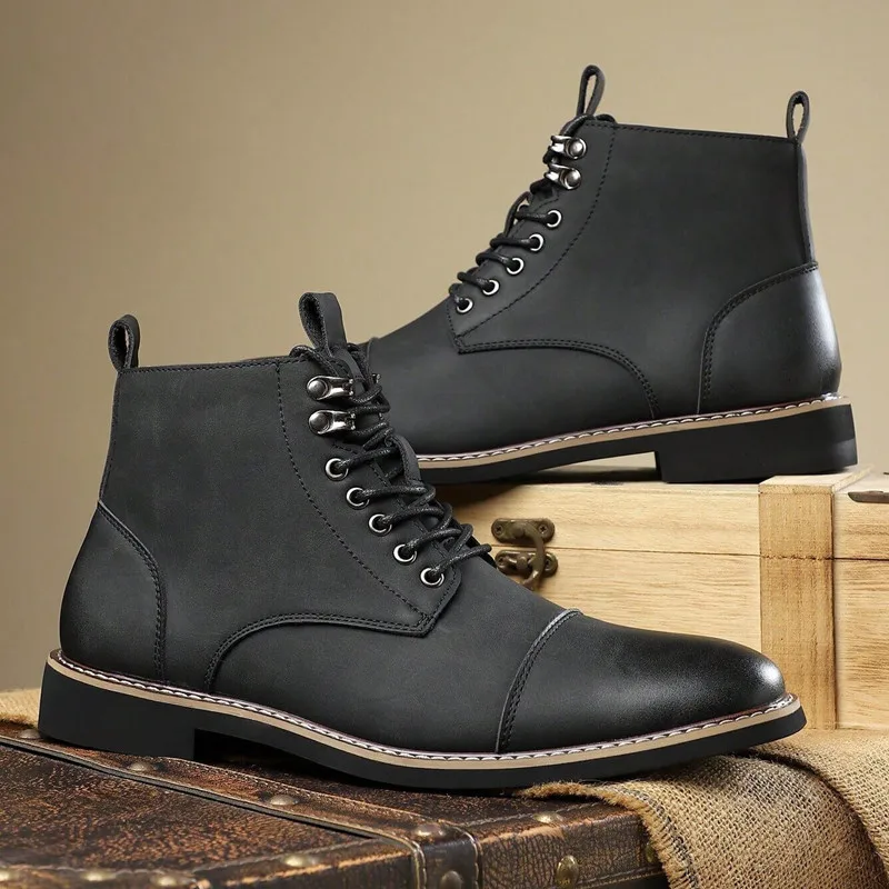 Brand Men High-top Leather Classic Chelsea Boots Lace Up Pointe End Ankle Boot Men's 2026 Business Dress Boots Botas Masculinas