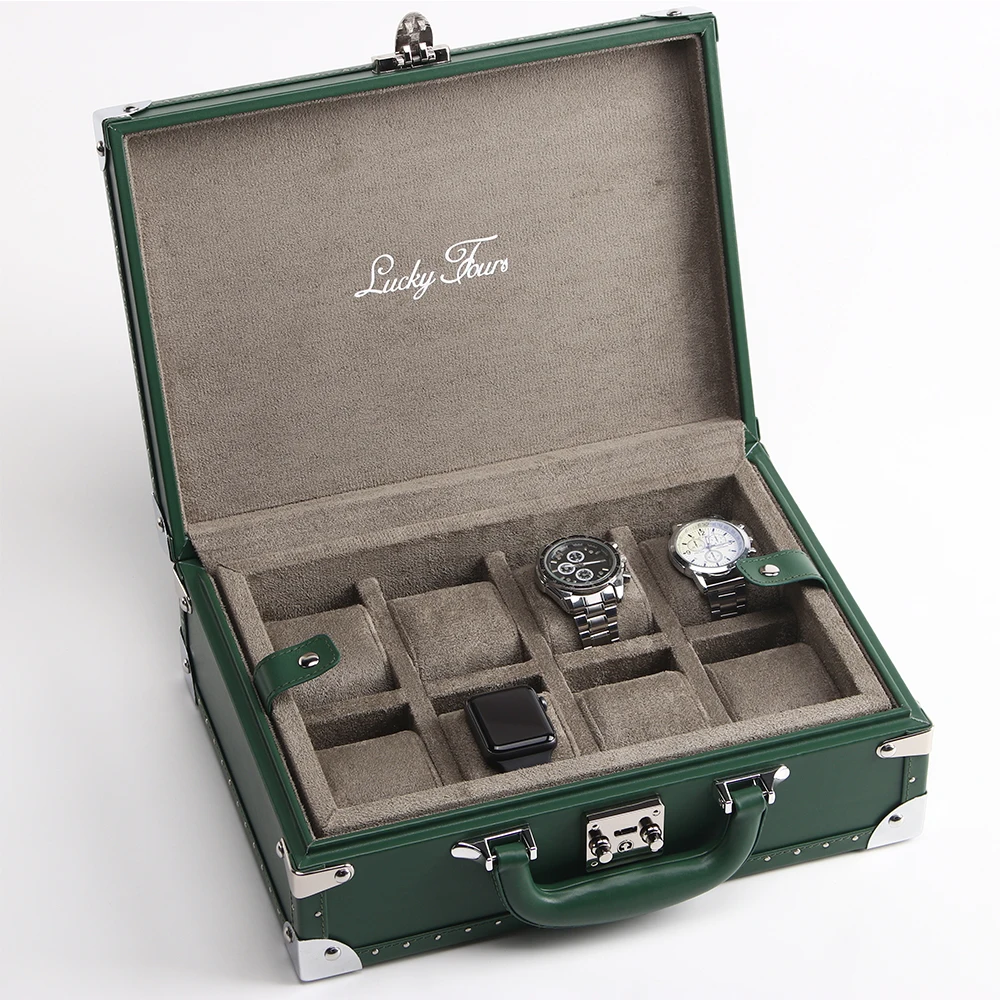 

Cow Leather Watch Display Storage Box Trunk Organizer for 8 Watches with Removable Tray And Pillows