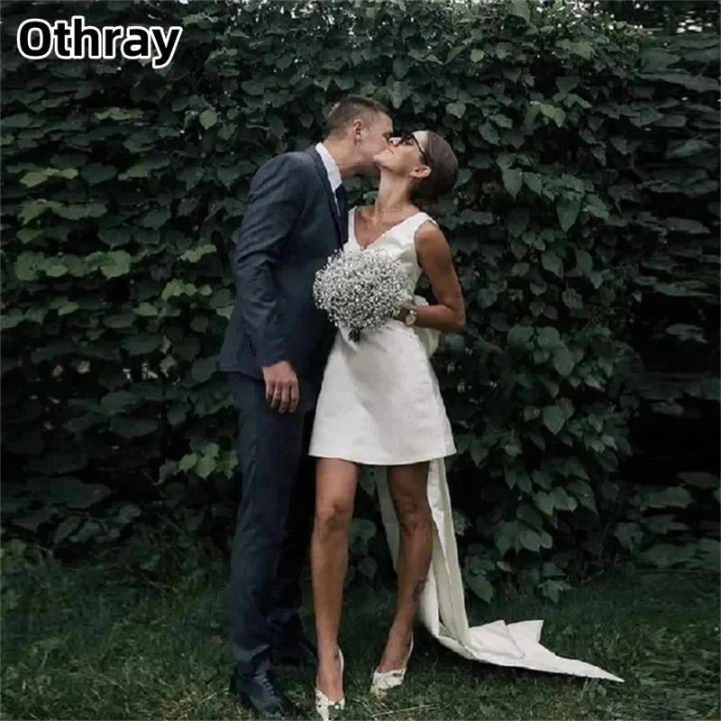 

Othray Simple Short Length V-Neck A-line Wedding Dress Bow Tie Sleeveless Satin V-back Long Robe Bridal Gown вечернее платье