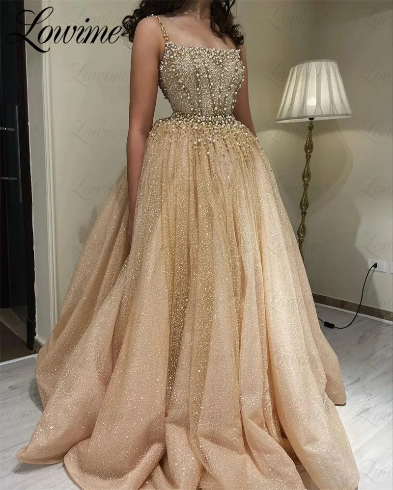 Champagne Prom Dresses Long 2 In 1 Design Beaded Pearls Wedding Party Dress Spaghetti Straps Arabic Evening Gowns Robe De Soiree