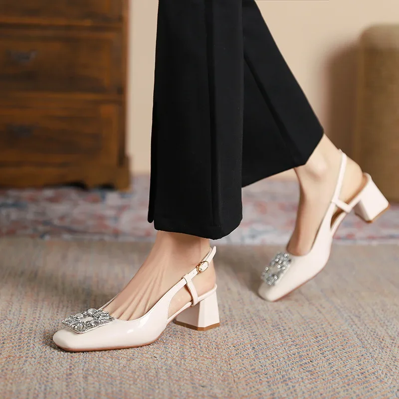 2025 Summer Elegant Slingback Sandals Women Rhinestone Buckle Back Strap Chunky Heel Square Toe 5cm High Heels