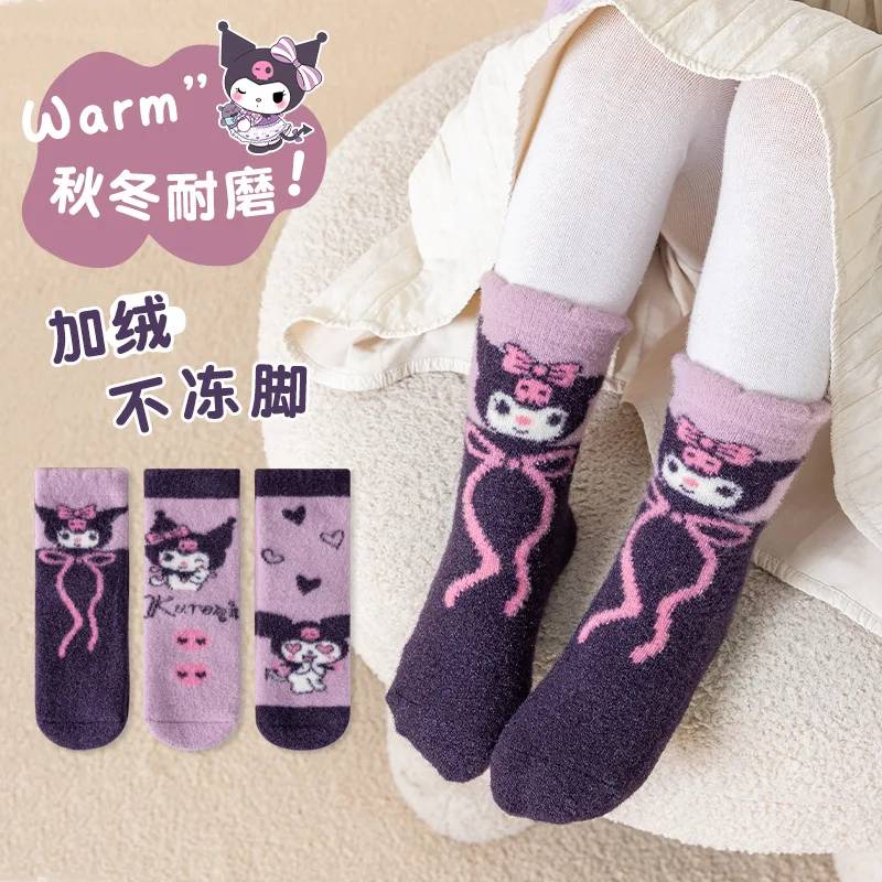 

3Pairs/lot Kuromi Anime Kawaii Children Soft Socks Sanrio Cute Cartoon Winter Thick Warm Warm Sleeping Stockings For Girls Boys