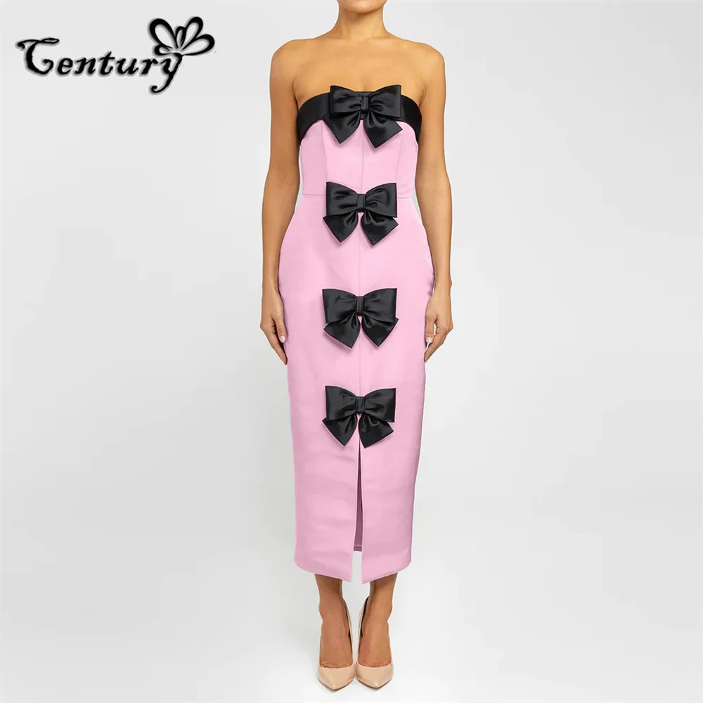 

Pink Prom Dress with Black Bow Strapless Backless Tea Length Satin Sheath Evening Party Gowns Formal Dresses Robe De Soiree
