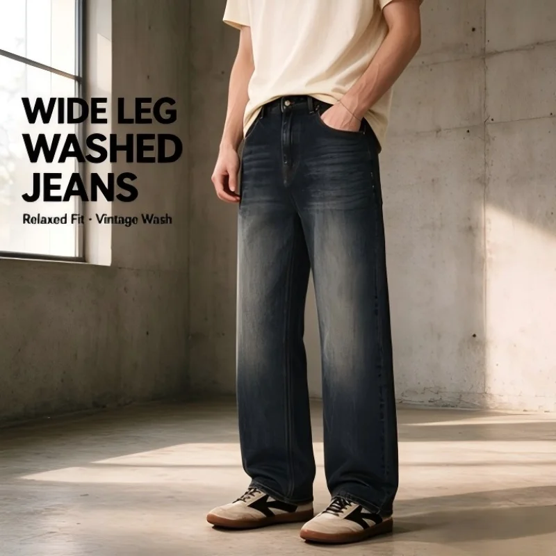 Men's Wide-Leg Jeans, New Autumn/Winter Style, Loose Straight-Cut, Drapey Floor-Length Pants, Slimming and Height-Enhancing, Cover Thick Thighs, Vintage Washed, Retro Blue and Black Colors, Versatile Casual Men's Pants