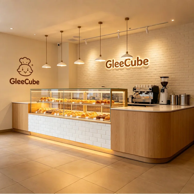 

custom.Custom Curved Wood Bakery Counter | Modern Cafe Interior | Stylish Pendant & Track Lighting Mall Spaces
