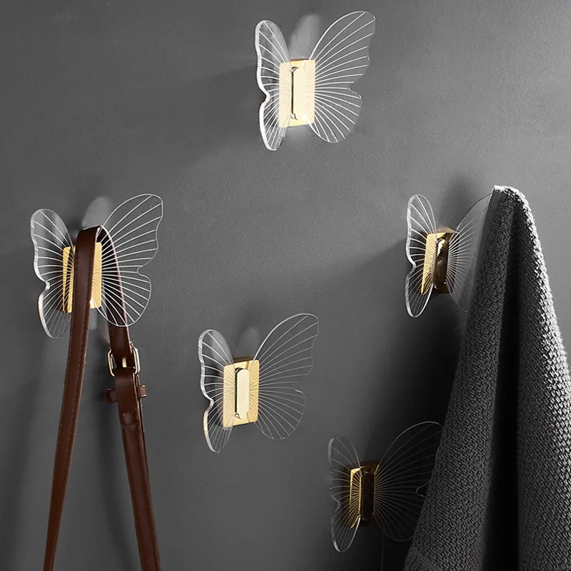 Gancho de ropa de mariposa sin perforaciones, gancho de pared de acrílico para baño, armario, zapatos, puerta, estante de almacenamiento decorativo para el hogar