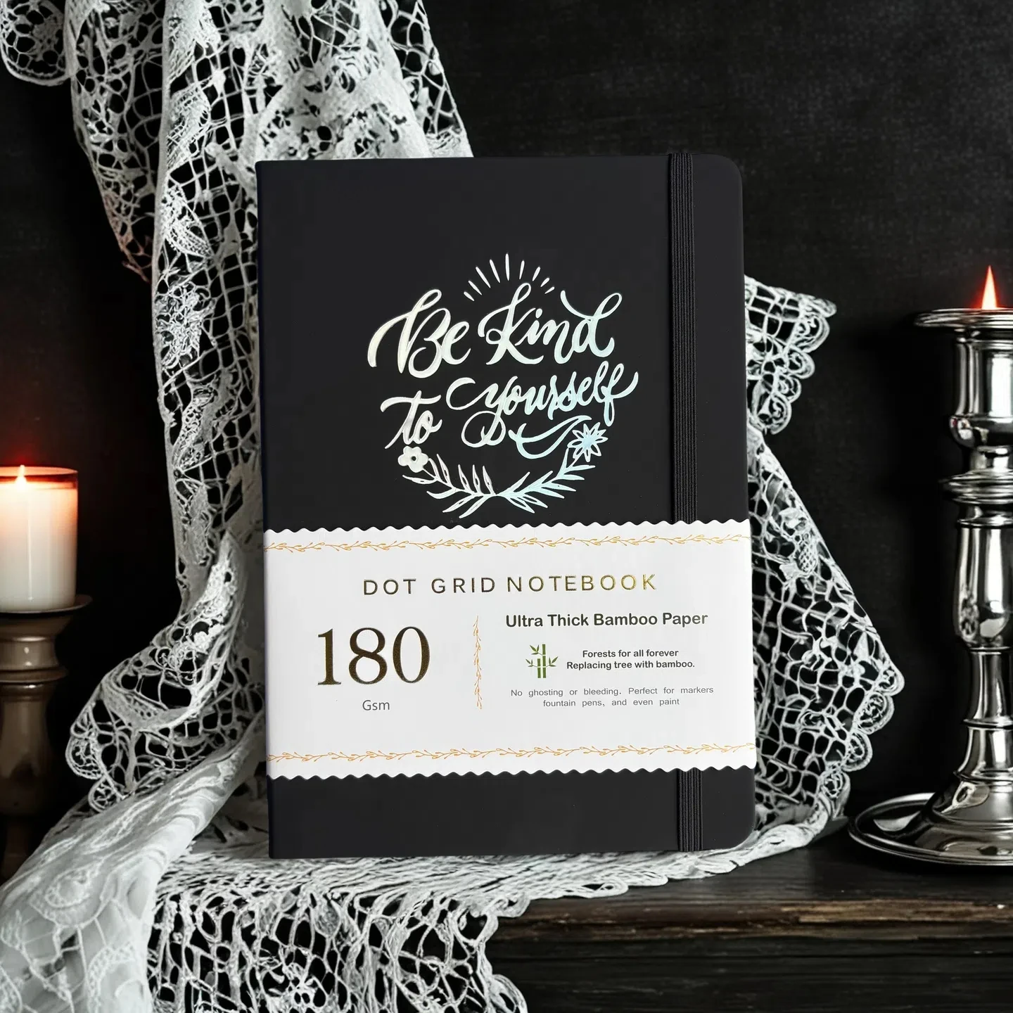 BUJO Dot Grid Journal – Hardcover-Notizbuch im A5-Format, 180 g/m2 weißes Papier, silberne Kanten, 160 Seiten, Tasche und elastisches Band