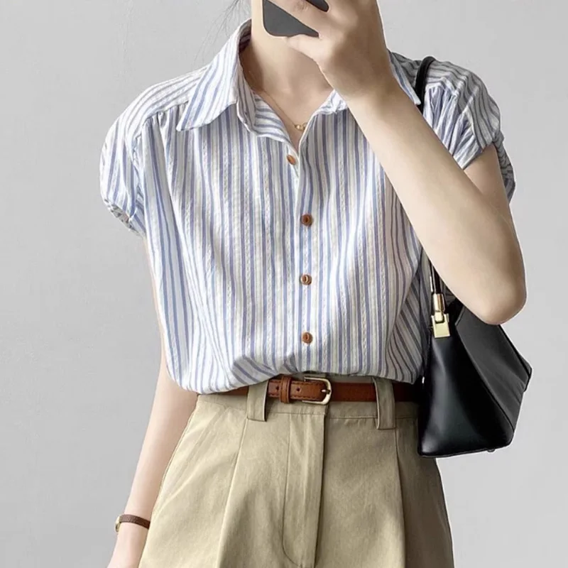 

Net Picture French Style Blue Striped Shirt for Women Casual Loose Drop Shoulder Small Flutter Sleeve Commuter Blouse
