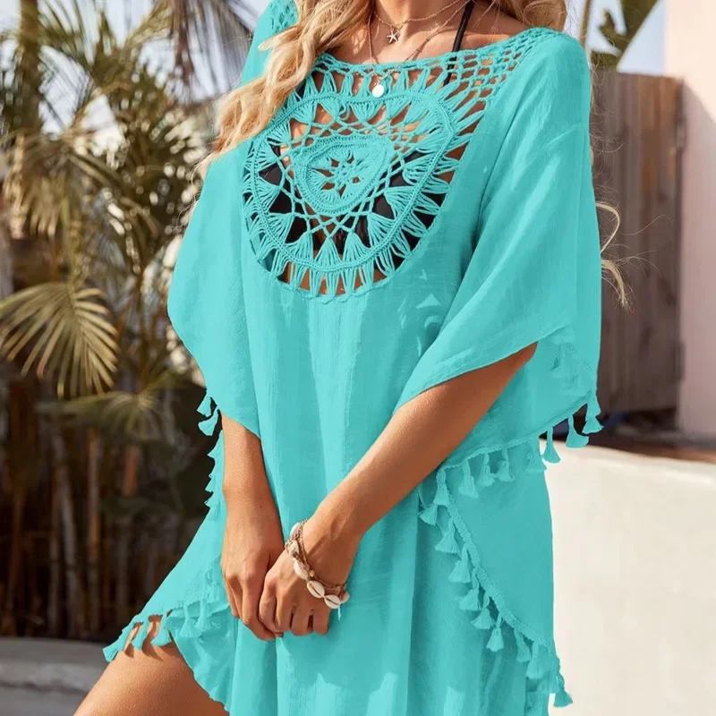 

Bikini Crochet Dress Backless Cotton Knitted Loose Dress Bohemian Style Women Oversized Solid Color Vacation Outfit