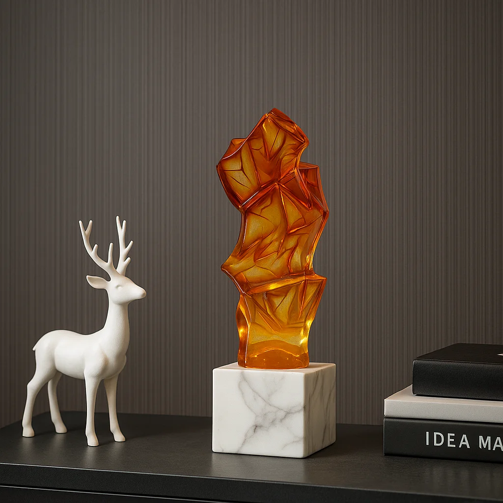 *#Q Custom  Amber Resin Art Sculpture with Marble Base - Luxury Home Decor Ornament&