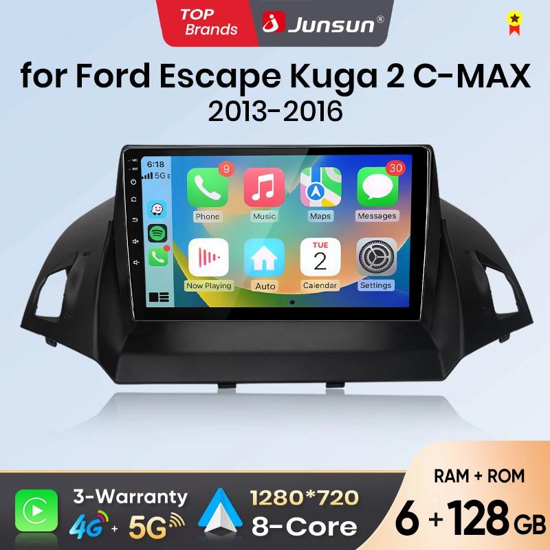 Junsun Android Auto Autoradio für Ford Escape Kuga 2 C-MAX 2013 2014 2015 2016 Multimedia Wireless Apple CarPlay Intelligente Systeme IPS Touchscreen Stereo Videoplayer 2 Din Autoradio Head Unit