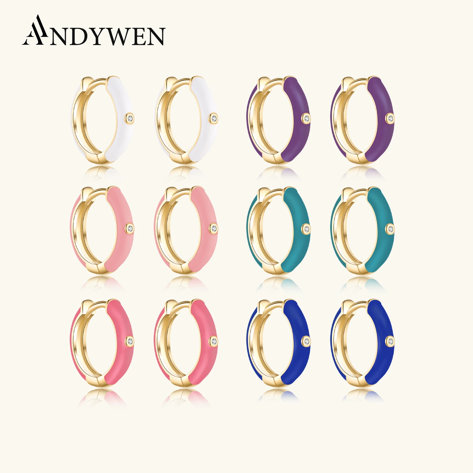 ANDYWEN 925 Sterling Silver Rose Red Ename Hoops 5 Colors Women Piercing Pendientes Ohrringe Earring Fine Jewelry Gift