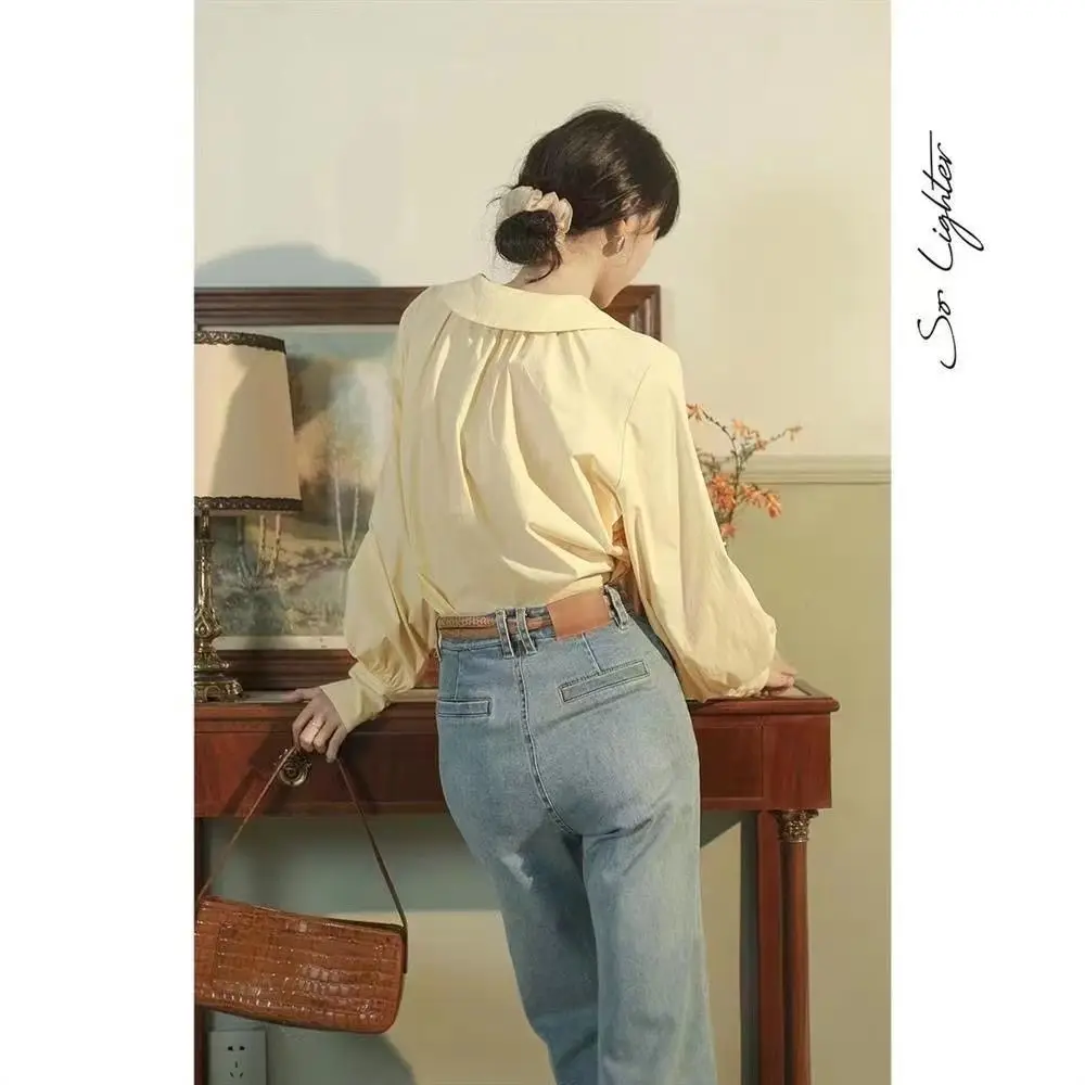 

Long Sleeve Shirts Womens Satin Button Down Loose Fit Collar Chinese Elegant Feminine Vintage Preppy Office Clothing