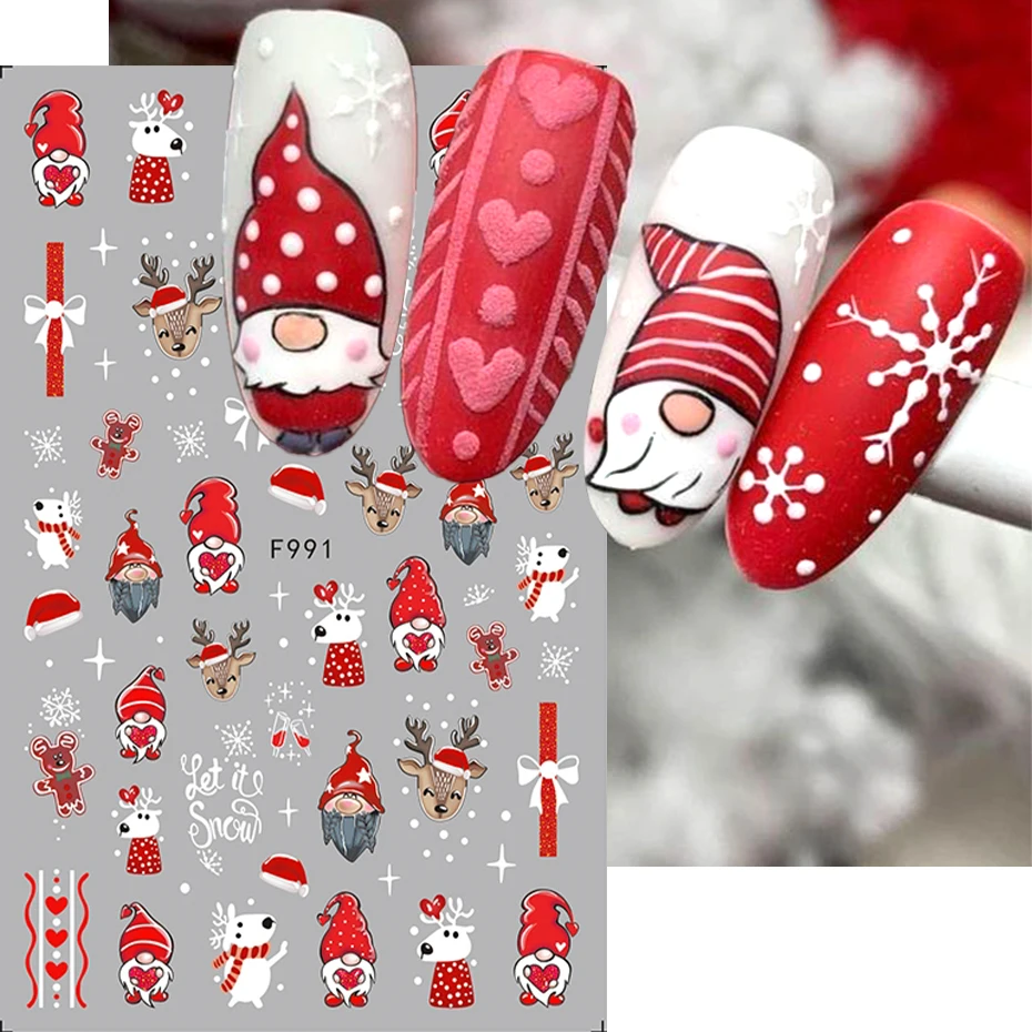 3D Christmas Nail Art Stickers Winter Gingerbread Man Red Santa Claus Tree Bear Snowman Deer Sliders Decals Manicure Decorstion