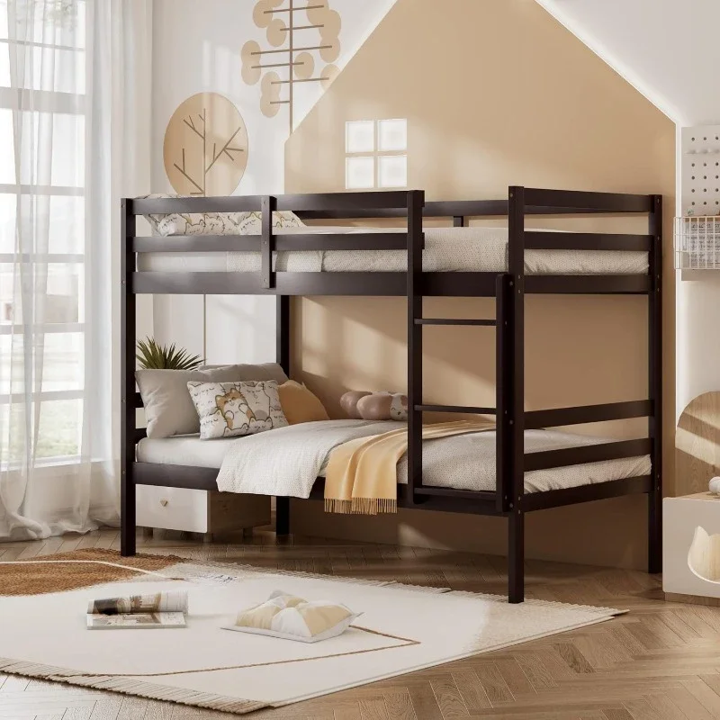 Wood Bunk Bed with Ladder & Safety Guardrail, Solid Wood Bed Frame, Ideal for Dormitory No Box Spring Needed