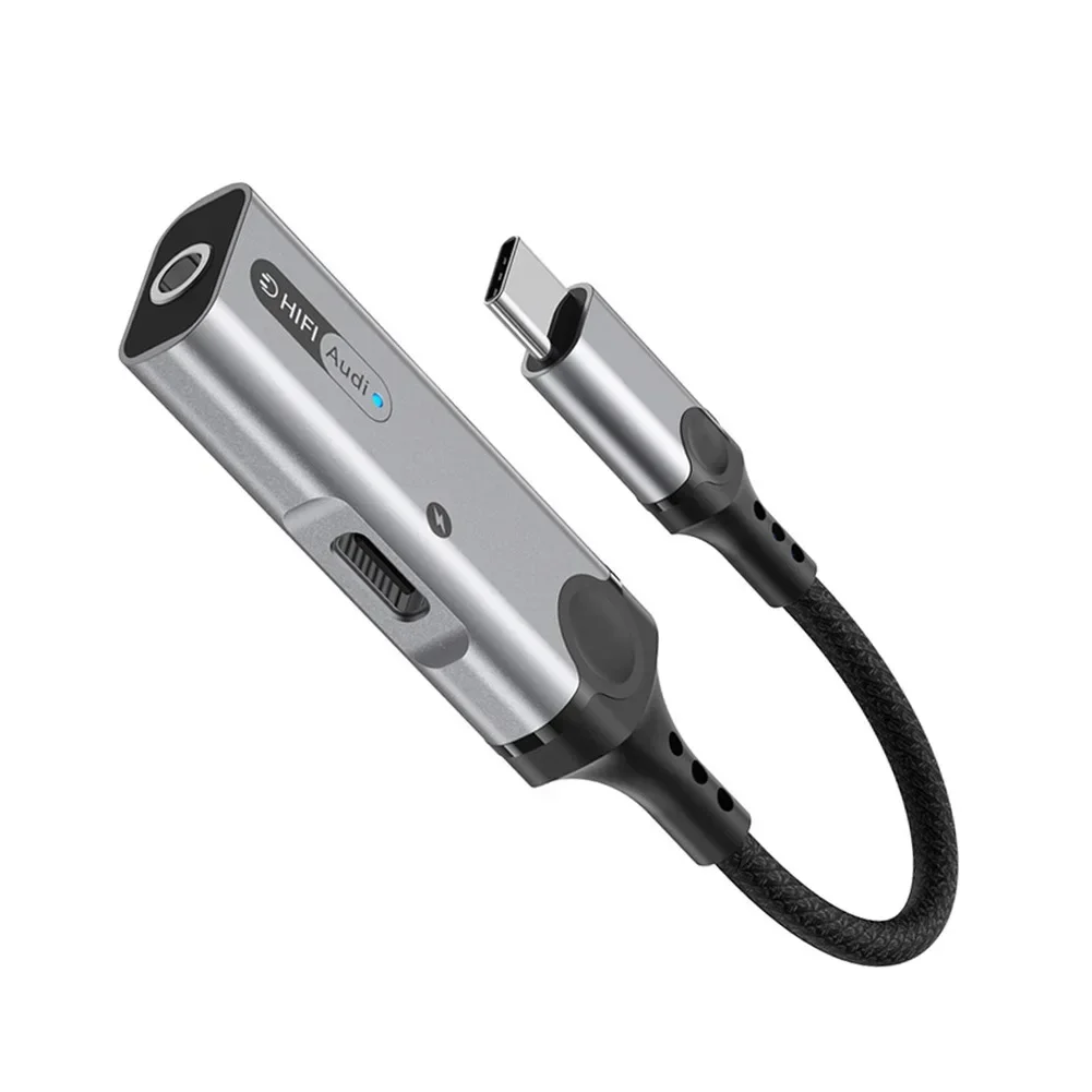 USB C To 3.5mm Headphone Adapter With 60W Fast Charging PDQC And LED Indicator For Type C Devices Silver Nylon Cable