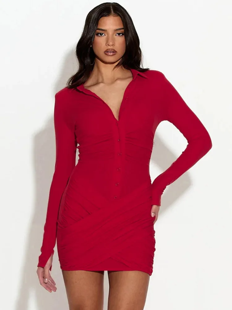 XIAOTANG – Mini robe froncée à manches longues pour femme, Sexy, mode automne-hiver, revers, simple boutonnage, taille haute, moulante, robes de Club