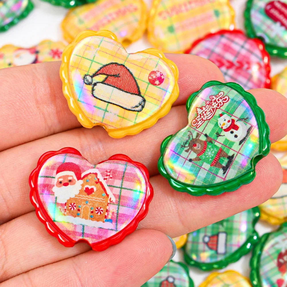 iYOE 5/10pcs Christmas Plaid Acrylic Heart Beads Santa Tree Print Checkered Beads for Jewelry Making Bracelets Necklace 22x27mm