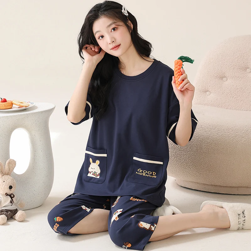 Women Clothes for Summer Pajamas Sets O-Neck Sleepwear Lovely Rabbit Pijamas Mujer Short Sleeve Cotton Sexy Pyjamas Female M-5XL