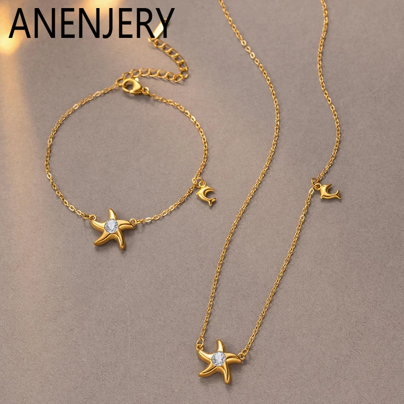 ANENJERY 316L Edelstahl Seestern Delfin Zirkon Halskette Armband für Damen, schlichtes Strand-Schmuckset, Geschenk