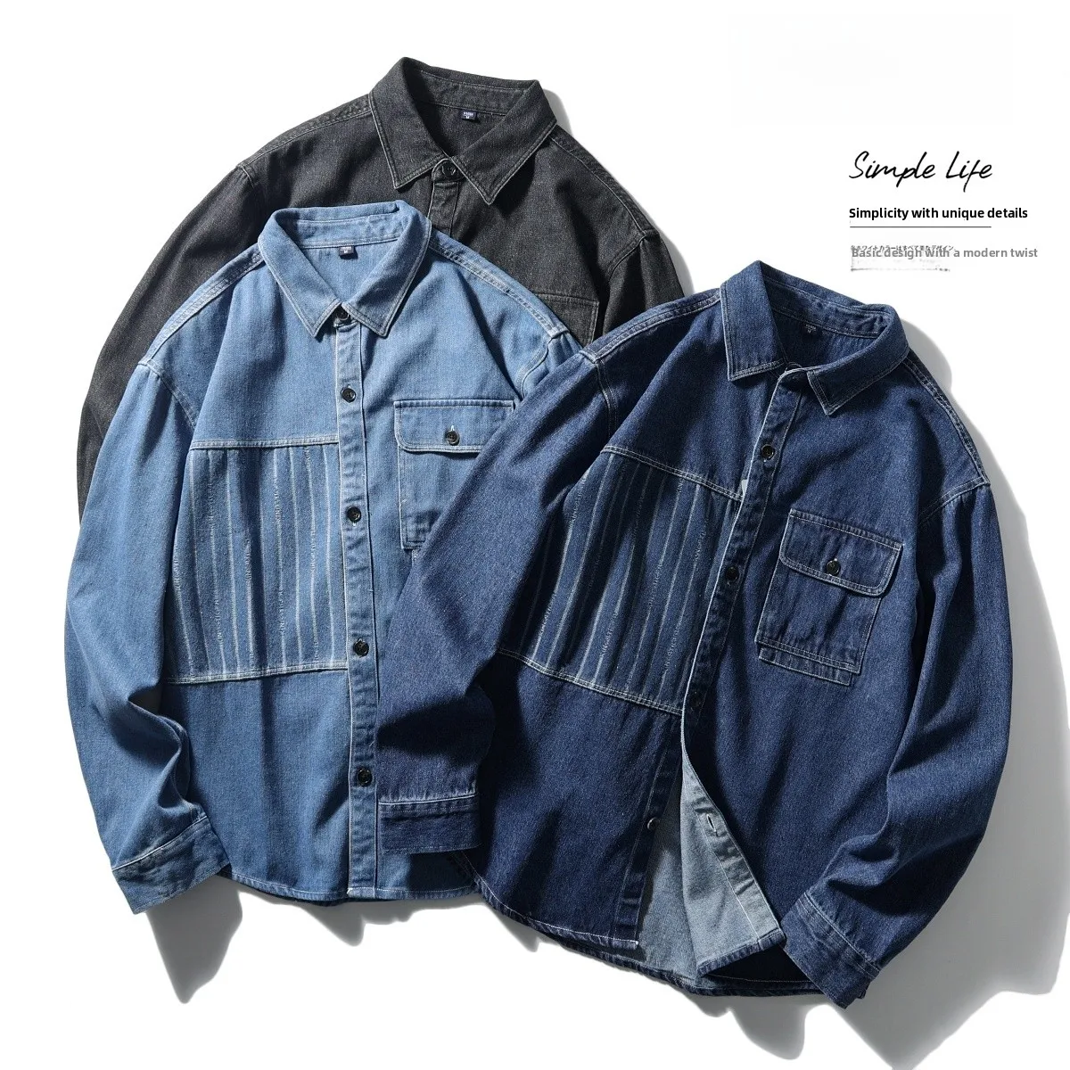 

Sle OZ Long Sve Men's Denim irt Jaet Waed Casual Versatile Workwear Stand Fit Faion Urban Youth Spring