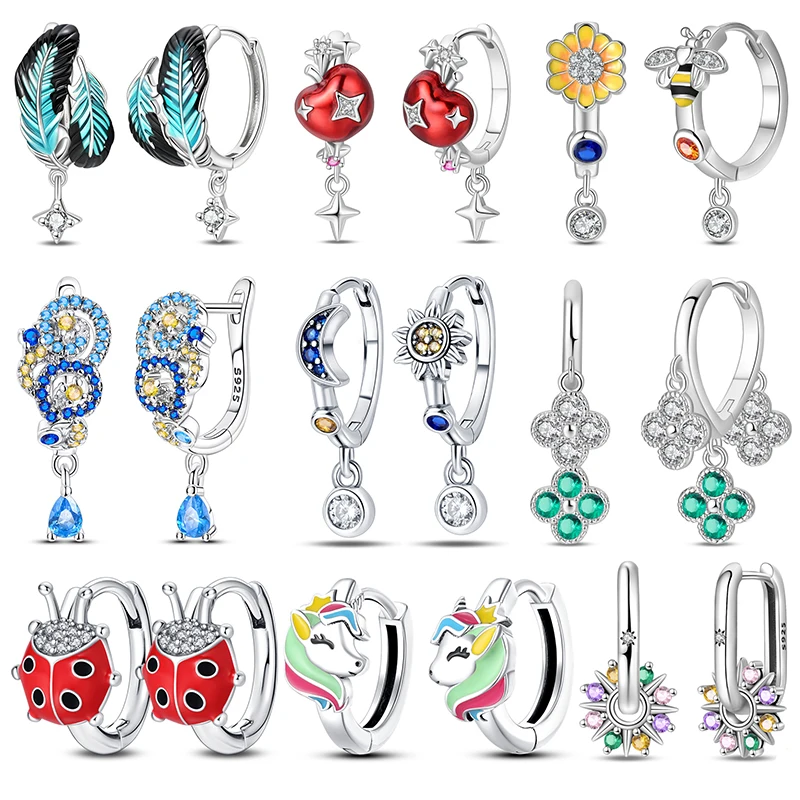 S925 Sterling Silver Earrings Women Color Enamel Feather Unicorn Ladybug Bee Four Leaf Clover Drop Earring Fashion Jewelry Gift