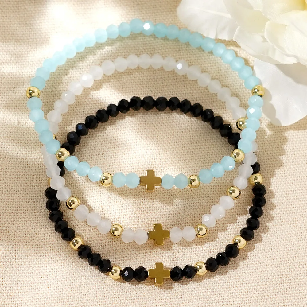 1pc Women's Fashion Bracelet Bohemian Style Multi Color Crystal Cross Beaded Elastic Rope Bracelet for Daily Gift Giving