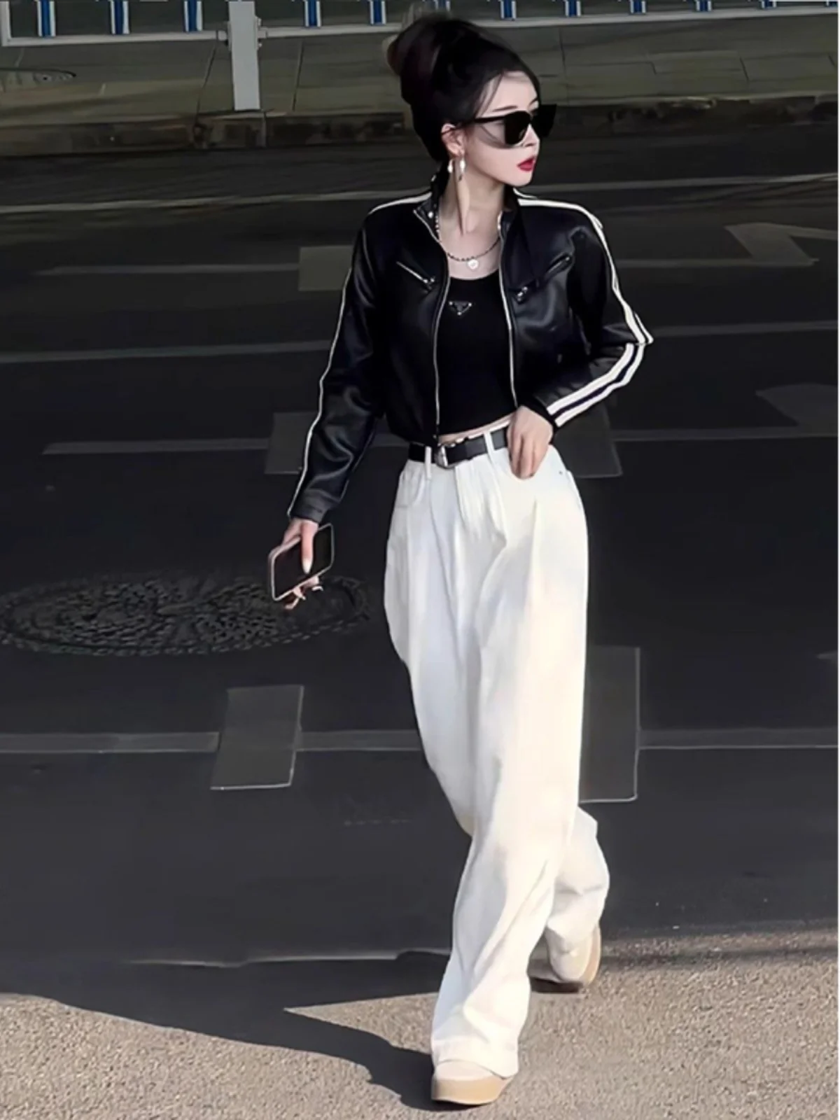 

American Retro Motorcycle Stripe Stand Collar PU Leather Jaet And Pants Two Piece Set Women's Casual Sle Spring Autumn
