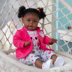 60CM Reborn Toddler Doll   In Dark Skin African American Baby Girl Doll with Rooted Long Curly Hair High Quality Doll Gift