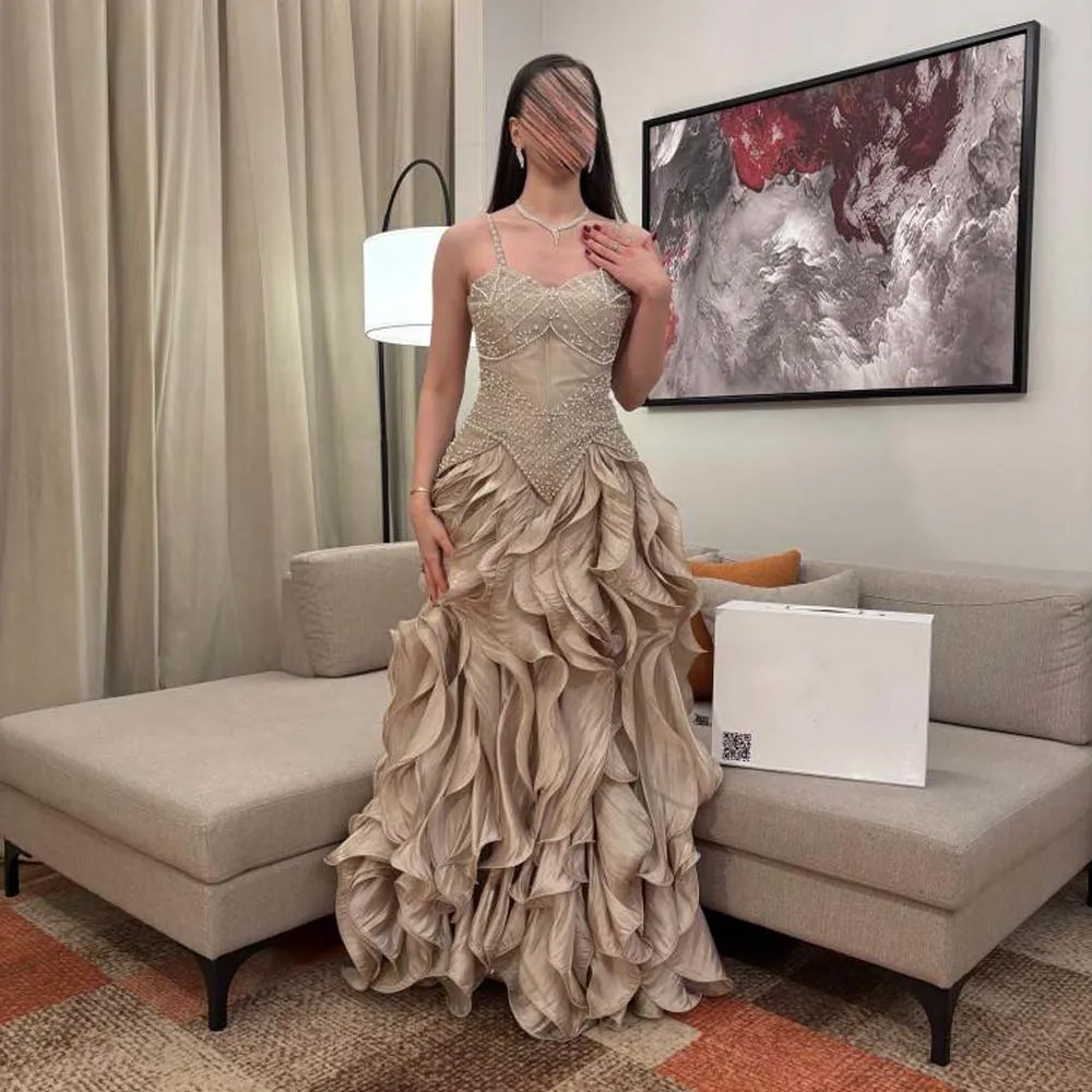 

Customized Modest Spaghetti Strap Ruffles Evening Dress Beaded Embroidery Semi Evening Gown Sequin A Line Prom Dresses