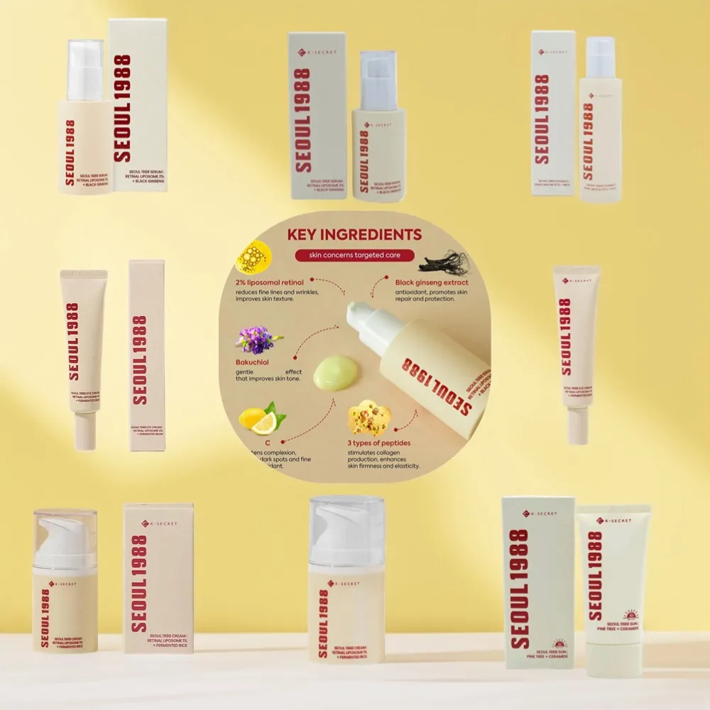 Hot deal: Korean Seoul 1988 Set Retinol Eye Cream Face Serum 2% Black Ginseng Niacinamide Rice VC Brighten Skin Skincare Set
