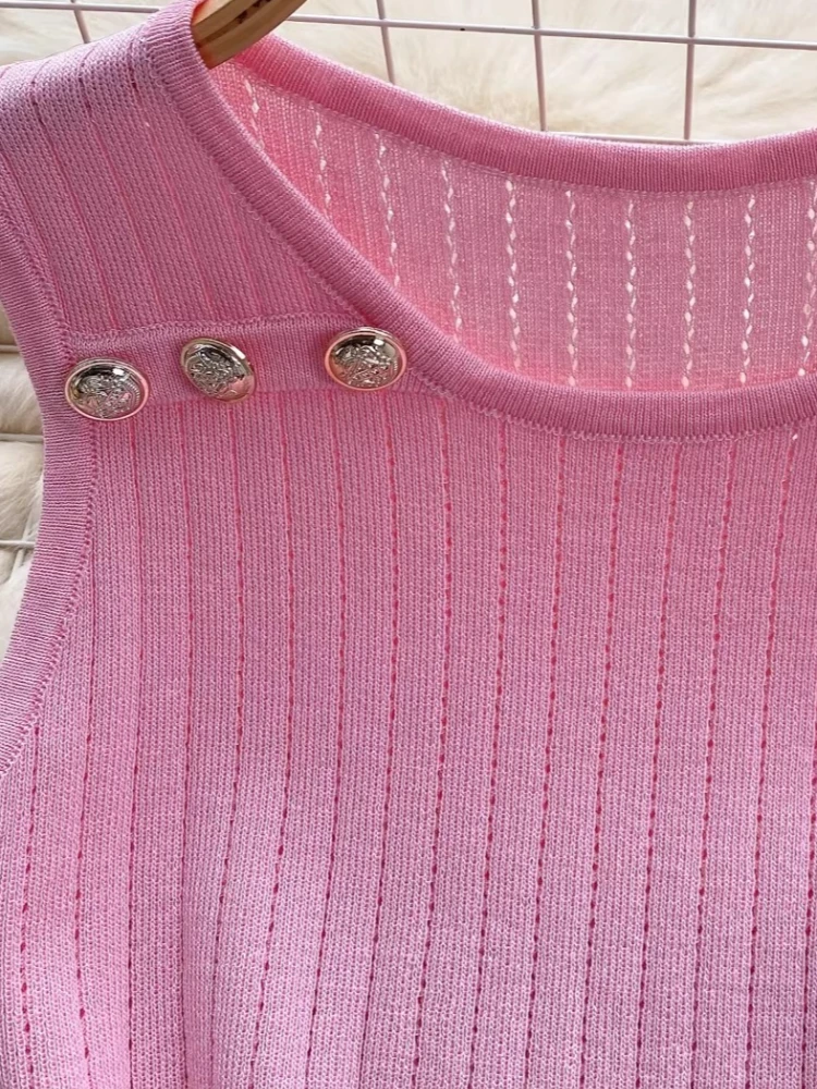 Women's Pink Sleeveless Stretchy Knit Mini Dress Ribbed Texture Button Decor Bodycon Short Dress Casual Summer Party Dress