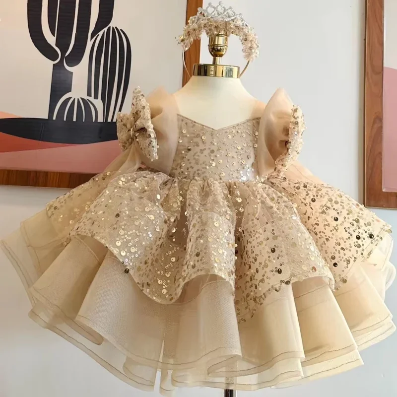 Vestidos curtos da menina de flor ouro tule lantejoulas com arco ombro manga curta para festa aniversário casamento vestidos comunhão sagrada