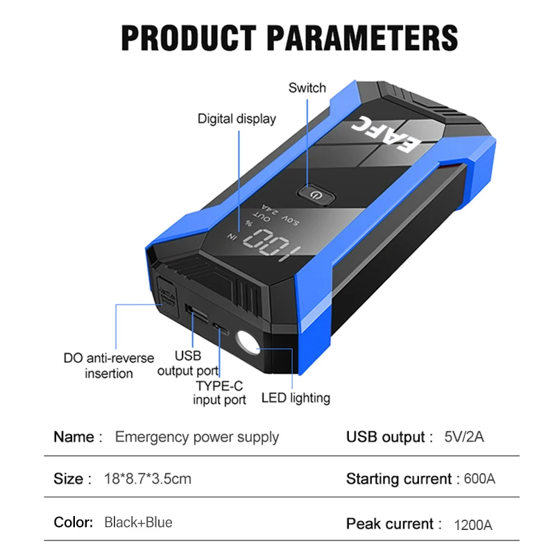 Power Bank 2000A/600A 12V Car Battery Jump Starter Portable Charger Petrol Diesel Auto Starting Device Booster Emergency Starter