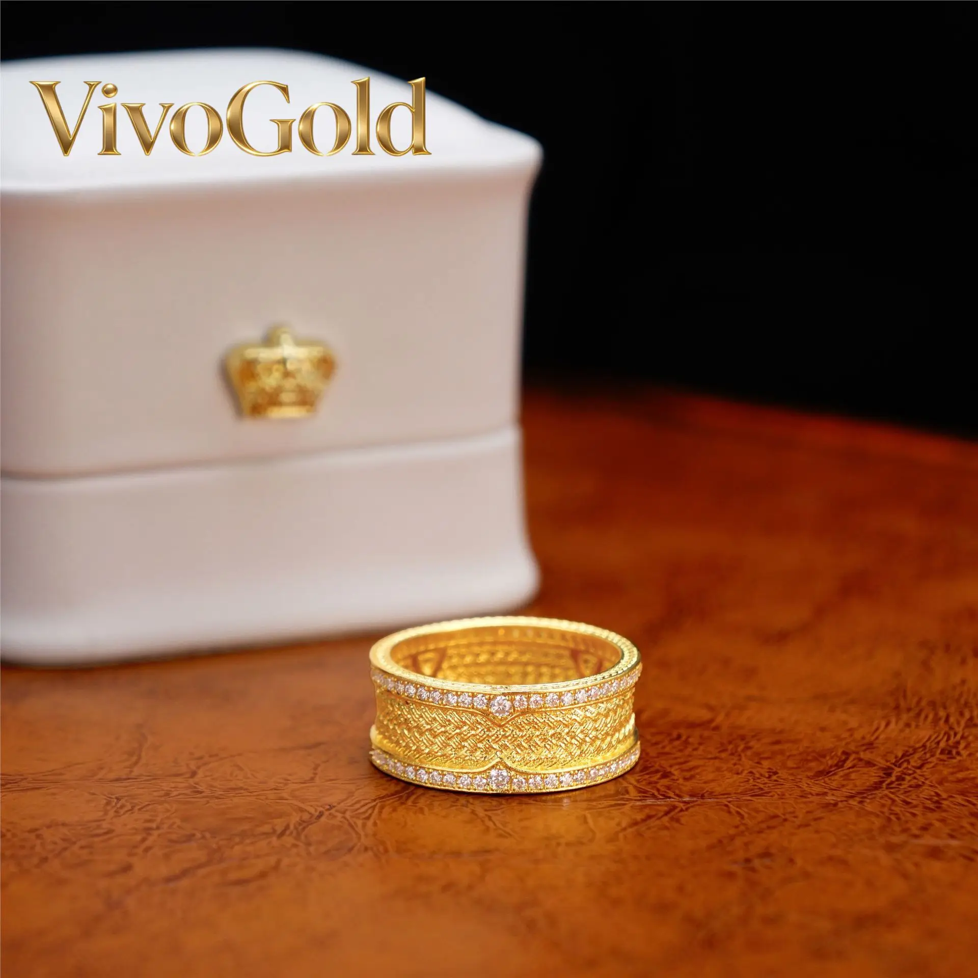 

VivoGold9999 24K real gold floral silk Wind and rain Bridge ring set with Mossan diamond precision high-grade retro fashion temp