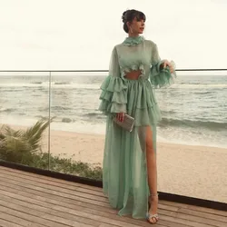 Summer Prom Dresses Ruffles Tiered Long Sleeves High Slit Sexy See Through Beach Summer Holiday Dress Wmen Party Gown