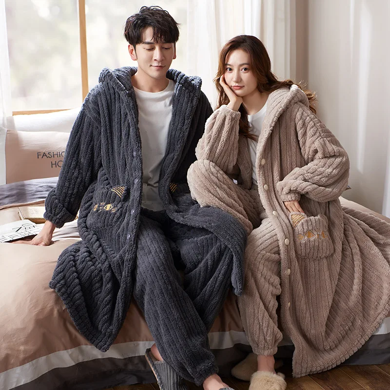 Couple Coral Velvet Pajamas Set Men Sleep Robe&Pants Sleepwear Nightgown Women Cute Cartoon Dinosaur Pijamas--price only 1 PC