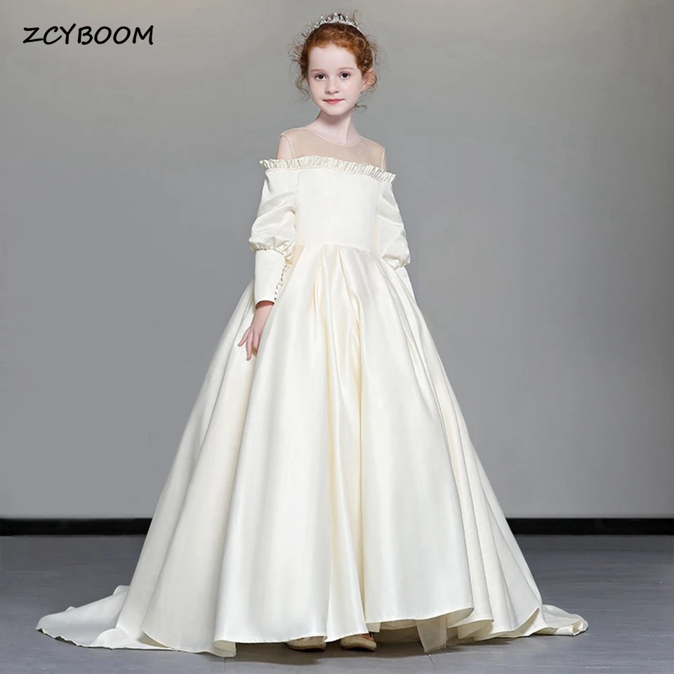 

Customized Ball Gown Off The Shoulder Stain Flower Girl Dress For Wedding 2024 Floor Length First Communion Dress Pageant Gown