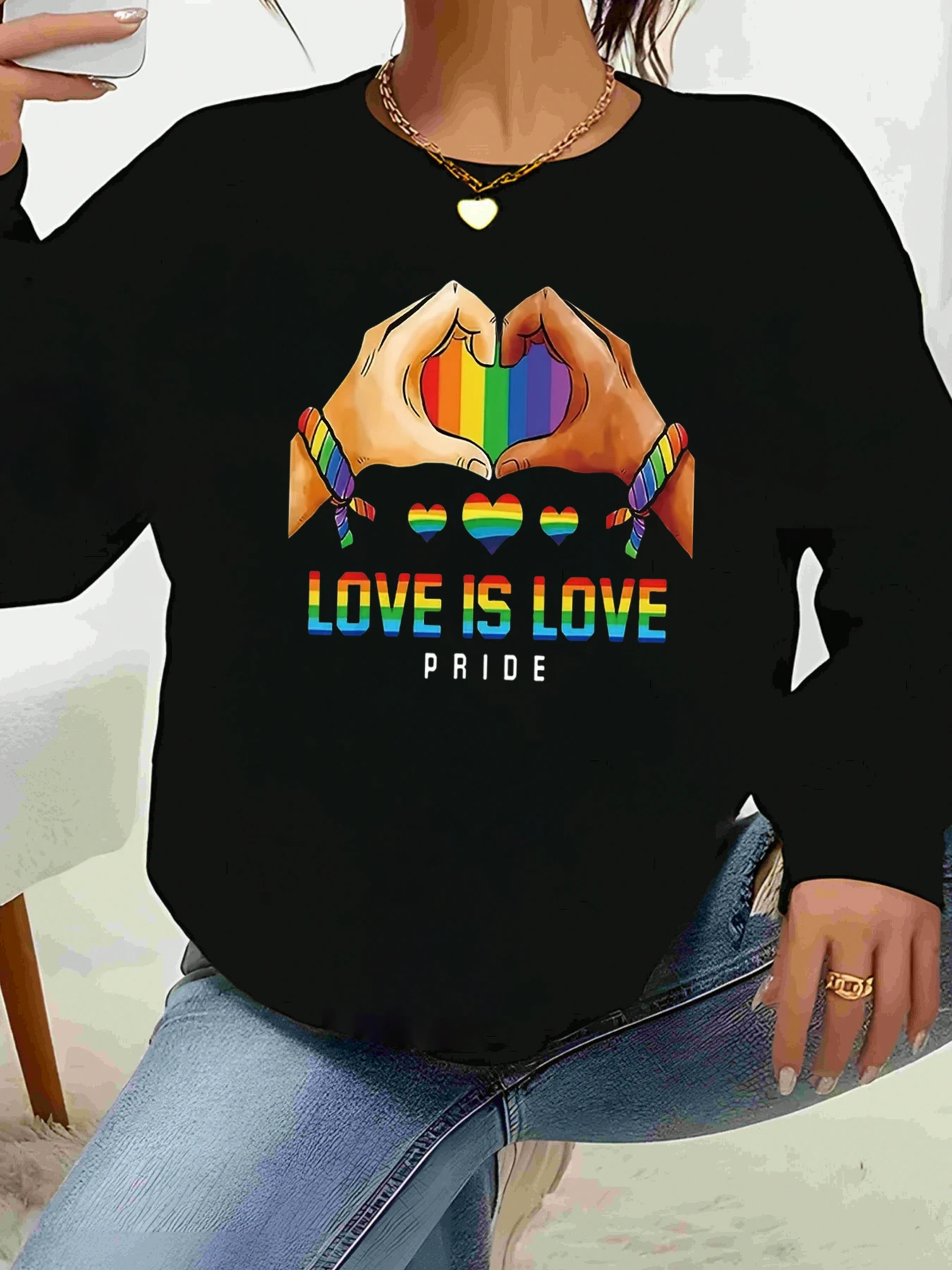 

Rainbow Heart Hands Love Is Love Pride Long Sleeve T-Shirt Lgbtq Celebration Casual Wear Unisex
