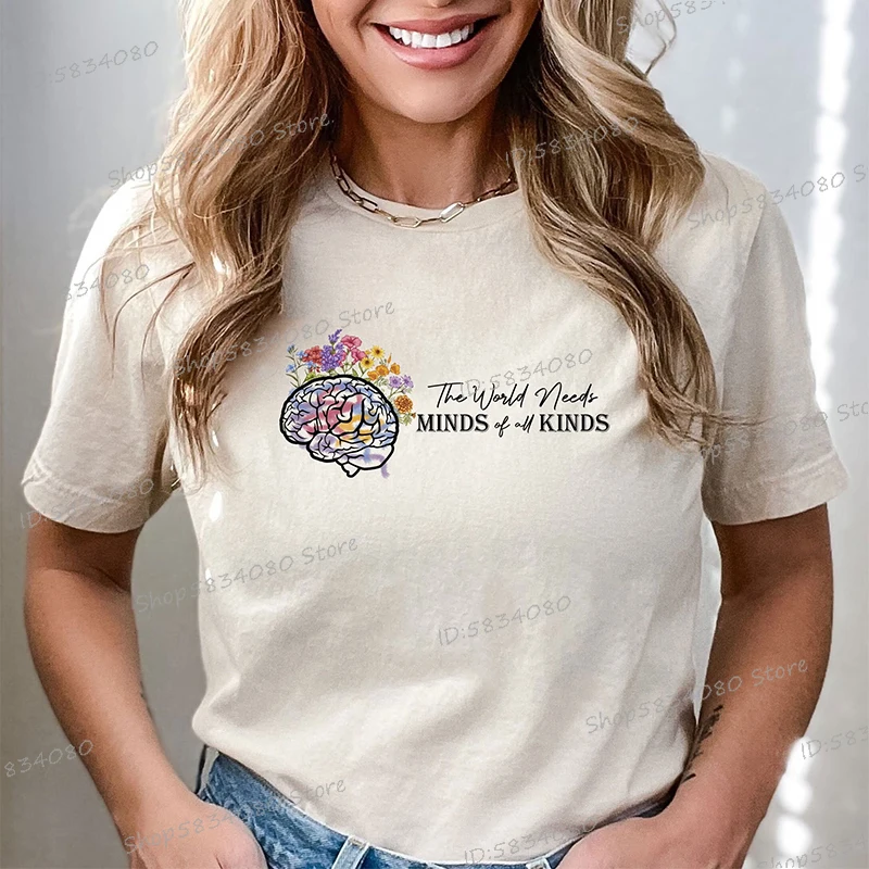 The World Needs Mind of All Kinds T-shirt Women Autism Awareness Crew Neck Women's Clothing Flower Blooming Brain Cute Tops Tees