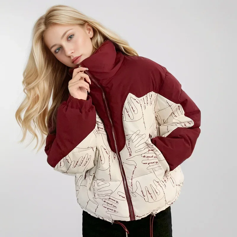

2025 Women's Padded Jacket Winter Female Contrast Graffiti Hooded Stand Collar Short Cotton Jacket Women's Winter Warm Clothing