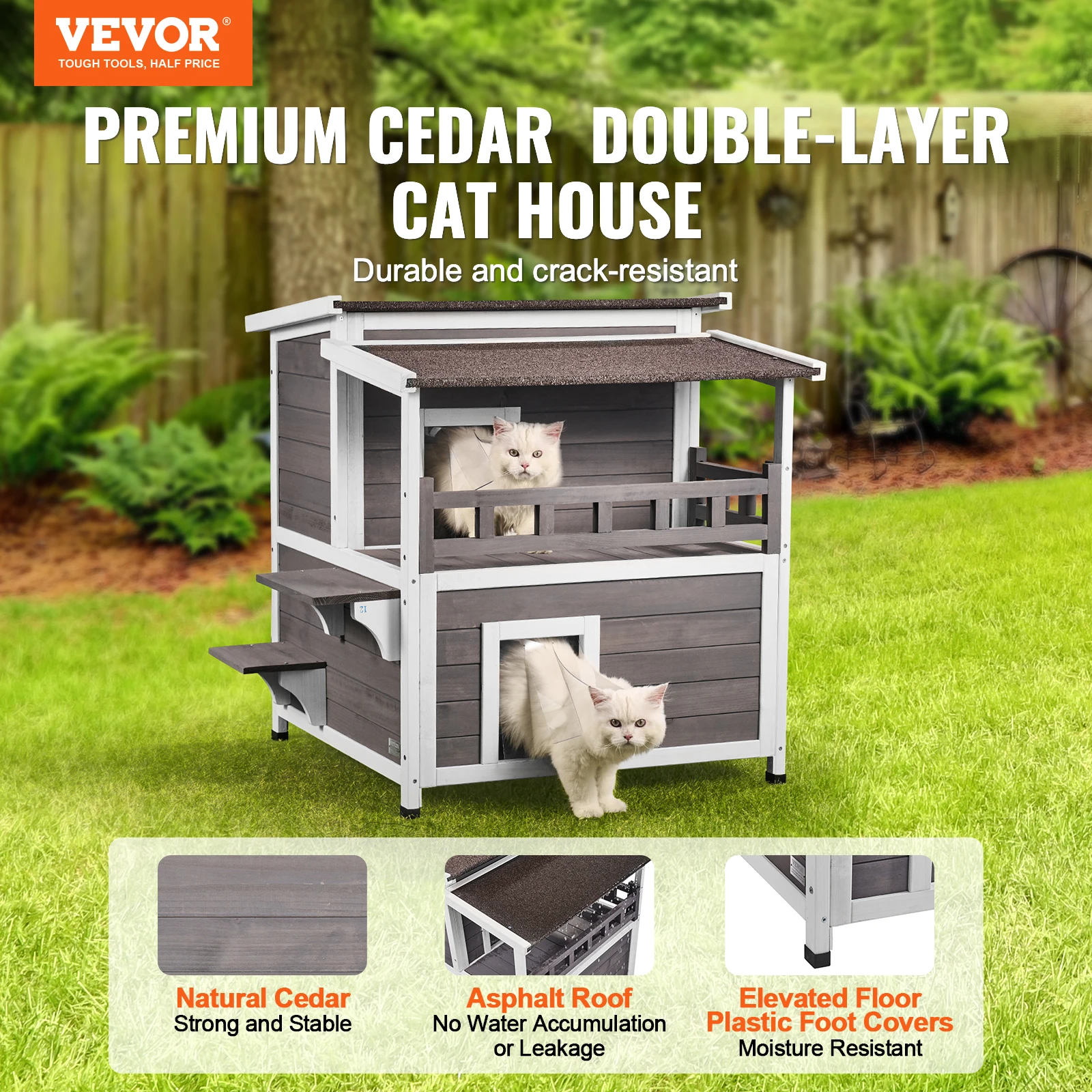 VEVOR Outdoor Cat House Weatherproof Feral Cat Shelter 2-story Large Outdoor Wooden Cat House with Balcony Door and Open Roof