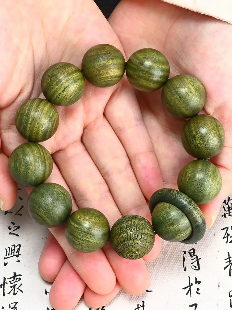 Natural Authentic Argentine Green Sandalwood Buddha Beads 20 Bracelet Carving Pixiu Transformed Ring Wooden Hand String Couple