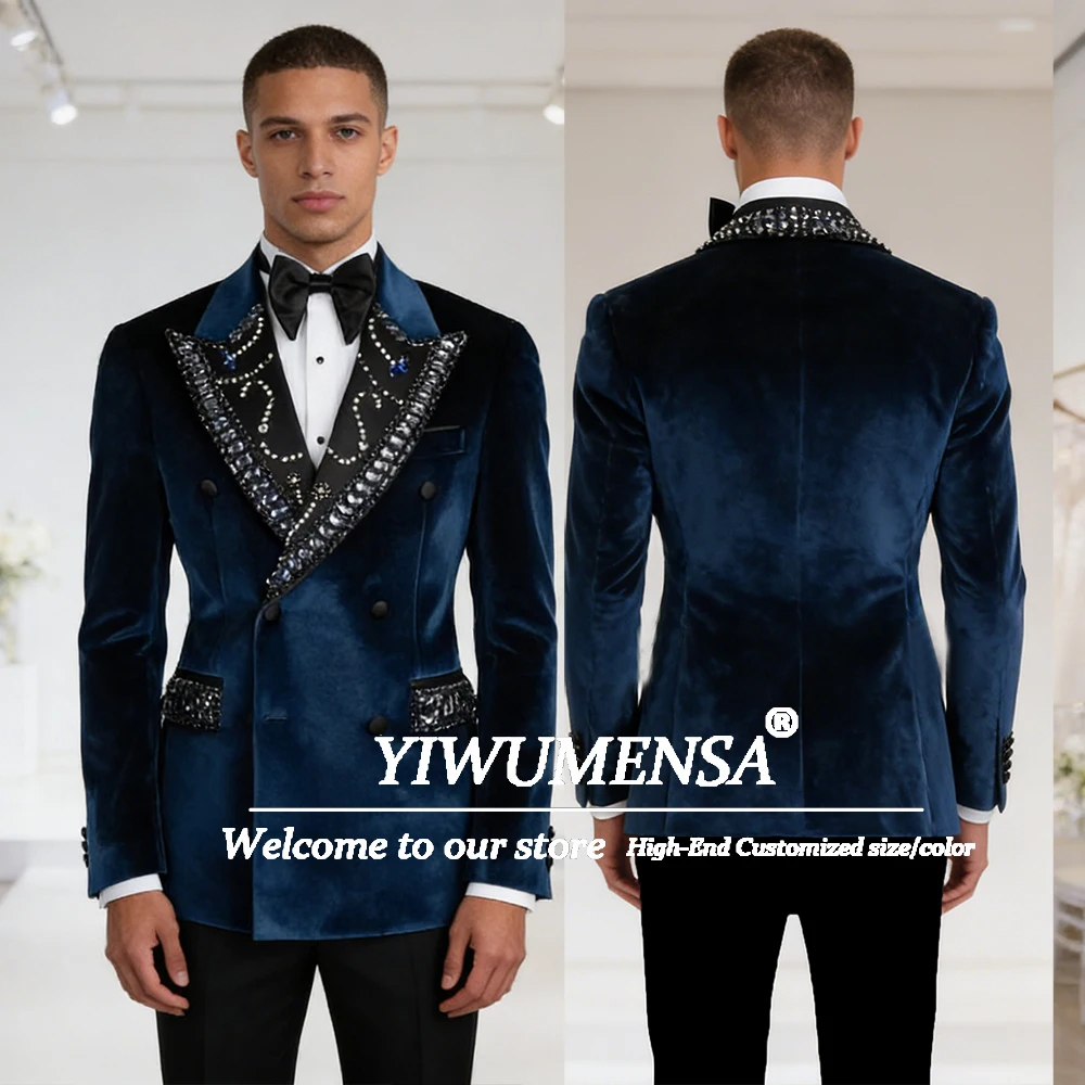 

Классические свадебные смокинги для жениха с камнями из бисера, бархатные пиджаки для выпускного вечера, индивидуальный комплект из 2 предметов, деловой костюм для банкета и вечеринки, мужской облегающий костюм
