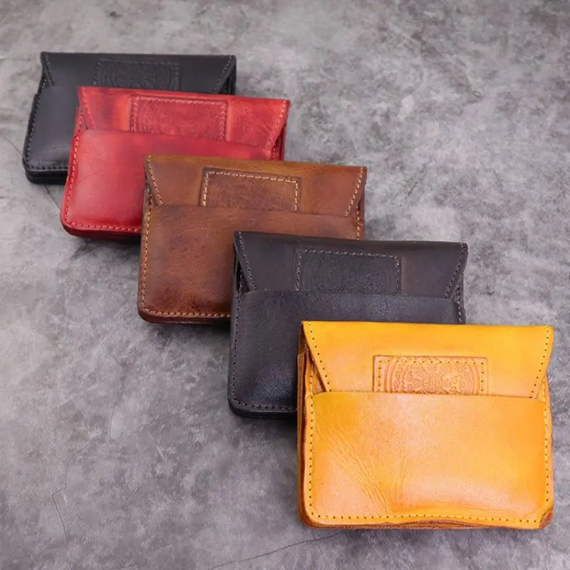 100% Genuine Leather Wallet Vintage Wrinkled Short Purse Credit Card Holder With Zipper Coin Pocket Money Bag