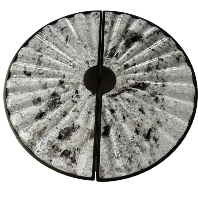 Half-round recessed marble door handle, random pattern bronze frame, luxury villa hotel glass