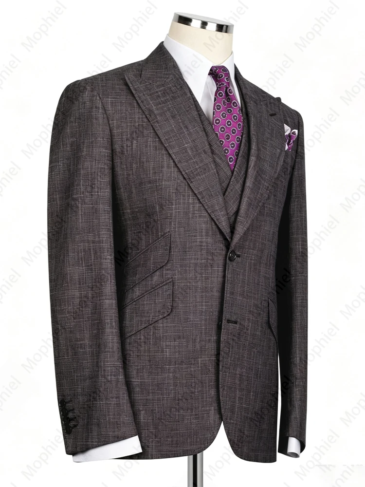 Brown Men's Suits Peaked Lapel Single Breasted Linen Cotton Lightweight Wedding Blazer Business for Man Tuxedo Jacket+Vest Pants