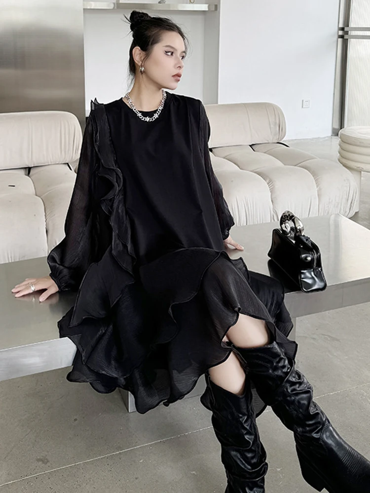 YERMORA Organza Irregular Ruffles Big Size Casual Dress For Women O-neck Long Sleeve Fashion Tide Spring Summer 2025 New A344